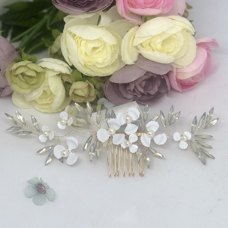 IRENE - Gold &amp; White Crystal Bridal Hair Comb