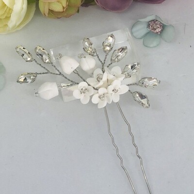 DARCY - Porcelain Flowers with Bling Bridal Hair Pin
