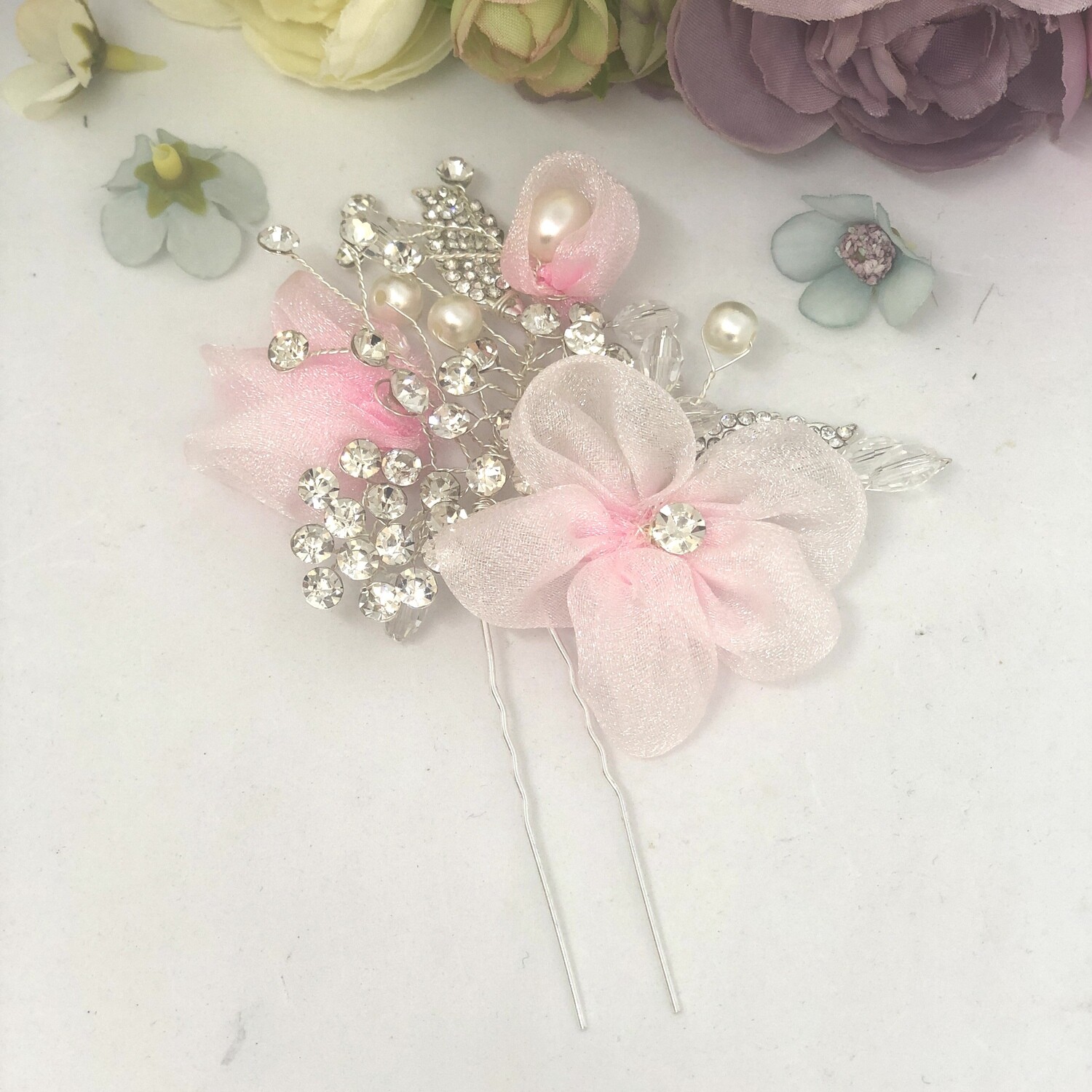 MADELYN - Silver &amp; Pink Wedding Bridal Hair Pins