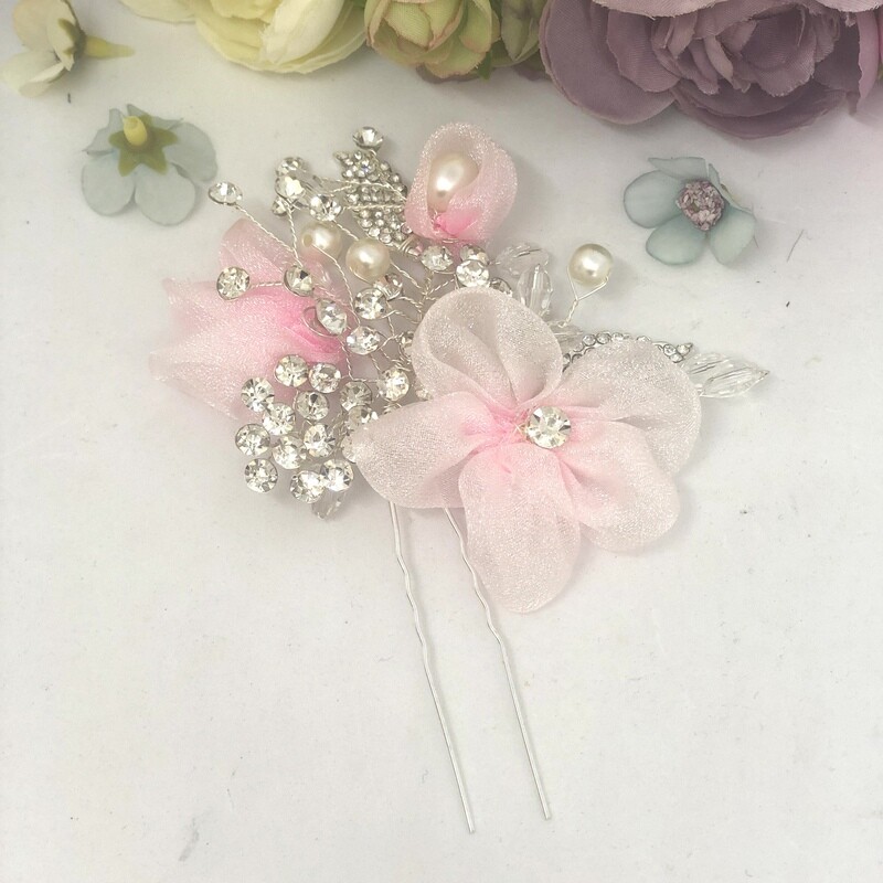 MADELYN - Silver &amp; Pink Wedding Bridal Hair Pins