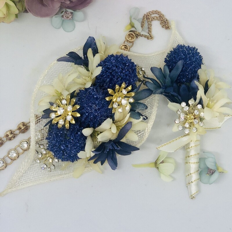 BELLA - Blue &amp; Gold Formal Corsage Set