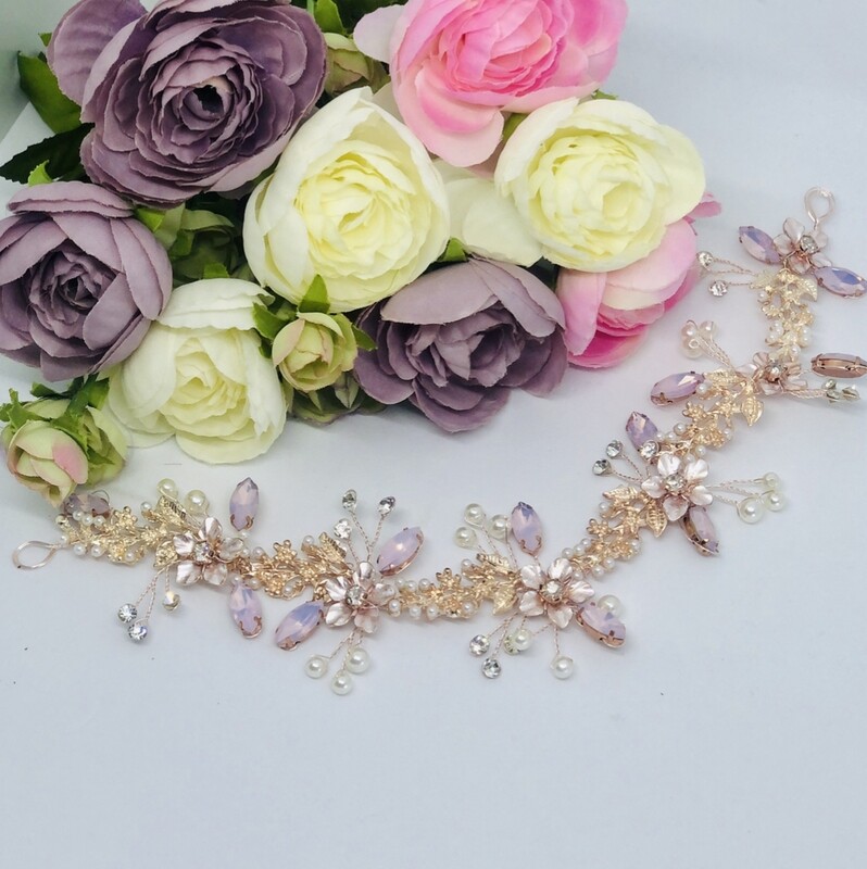 NARELLE - Gold &amp; Pink Wedding Bridal Head Piece