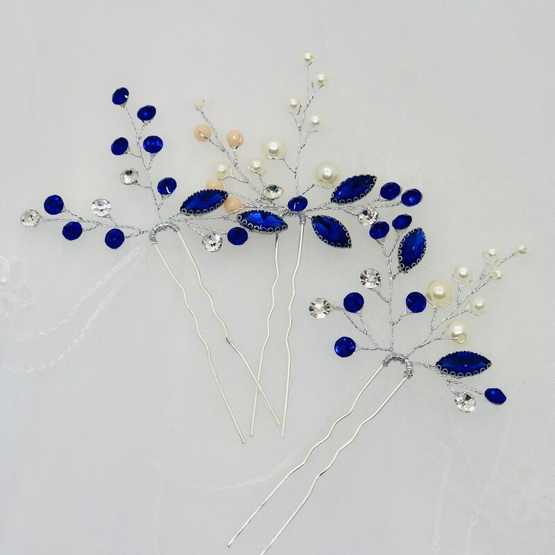 BLAIR - Set of 3 Silver/Royal Blue Pearl Bridal Hair Pins