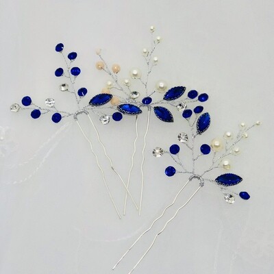 BLAIR - Set of 3 Silver/Royal Blue Pearl Bridal Hair Pins