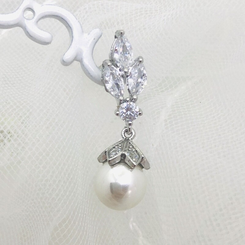 HARPER - Silver Pierced Pearl Bridal Wedding Earrings