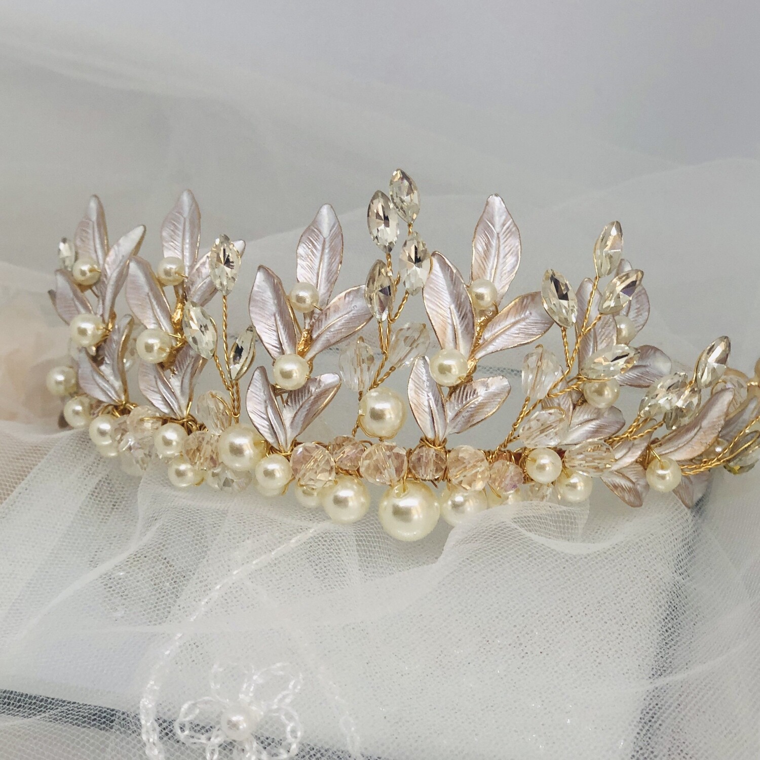 FLUER - Gold Leaf Crystal Wedding Bridal Tiara