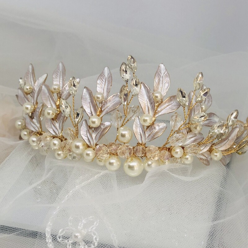FLUER - Gold Leaf Crystal Wedding Bridal Tiara
