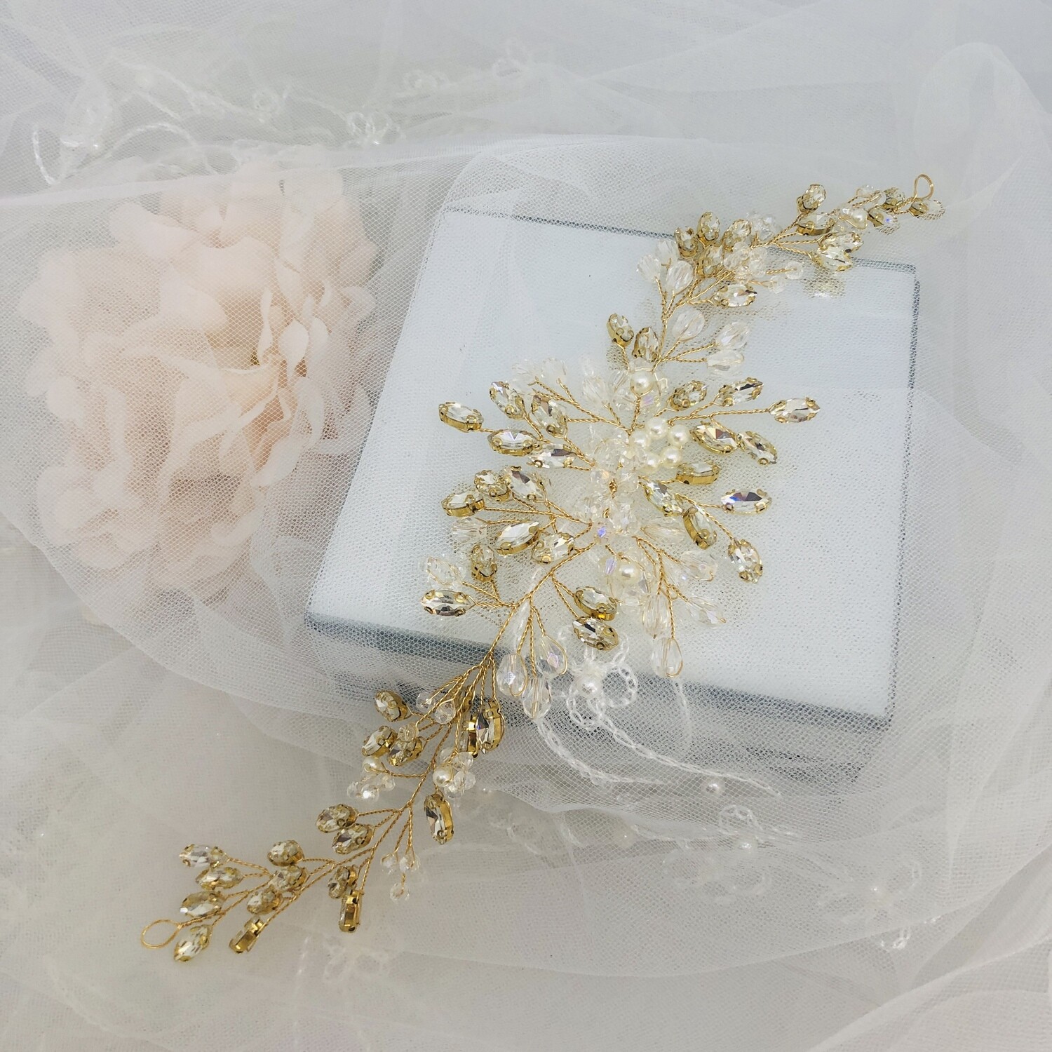 AUBREY GOLD - Crystal &amp; Pearl Wedding Bridal Head Piece