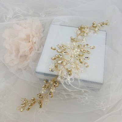 AUBREY GOLD - Crystal &amp; Pearl Wedding Bridal Head Piece