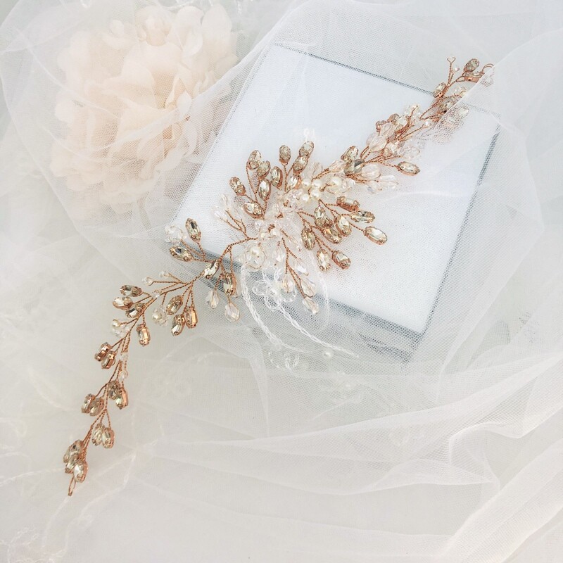AUBREY ROSE GOLD - Crystal &amp; Pearl Wedding Bridal Head Piece