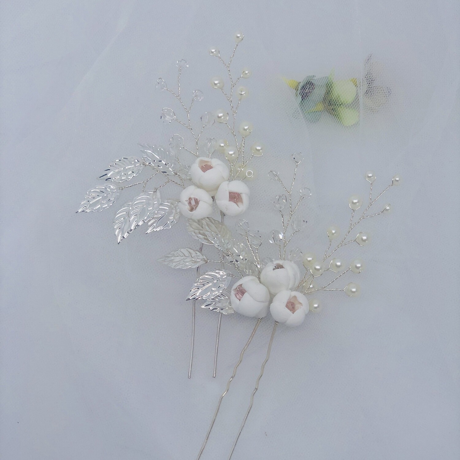 RILEY - Porcelain Bridal Hair Pins - Set of 2, Flower Colour: White A