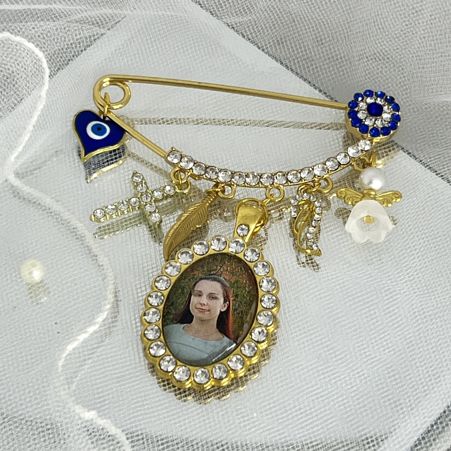 ELENA - Gold &amp; Bling, Evil Eye Bouquet Memory Charm Pin