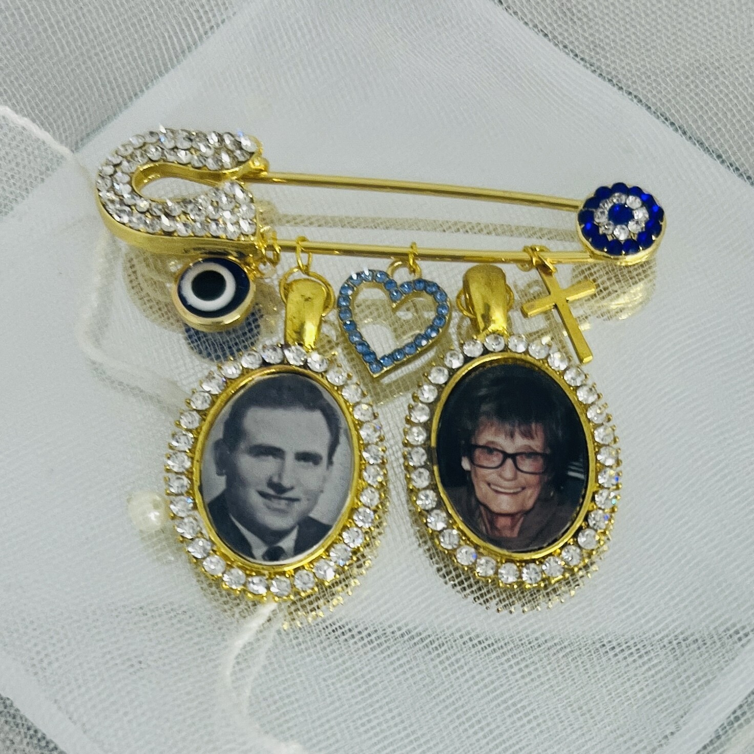 RHEA - Gold &amp; Bling, Evil Eye Bouquet Memory Charm Pin