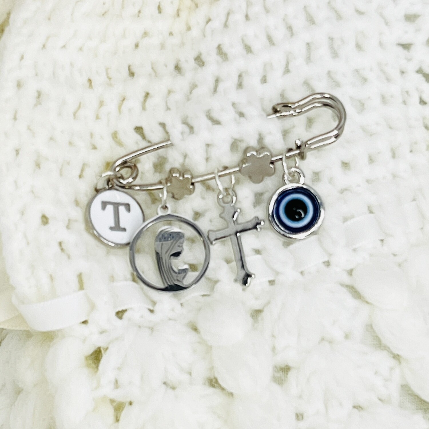 FREIDA - Silver &amp; White Religious Evil Eye Keepsake Pin