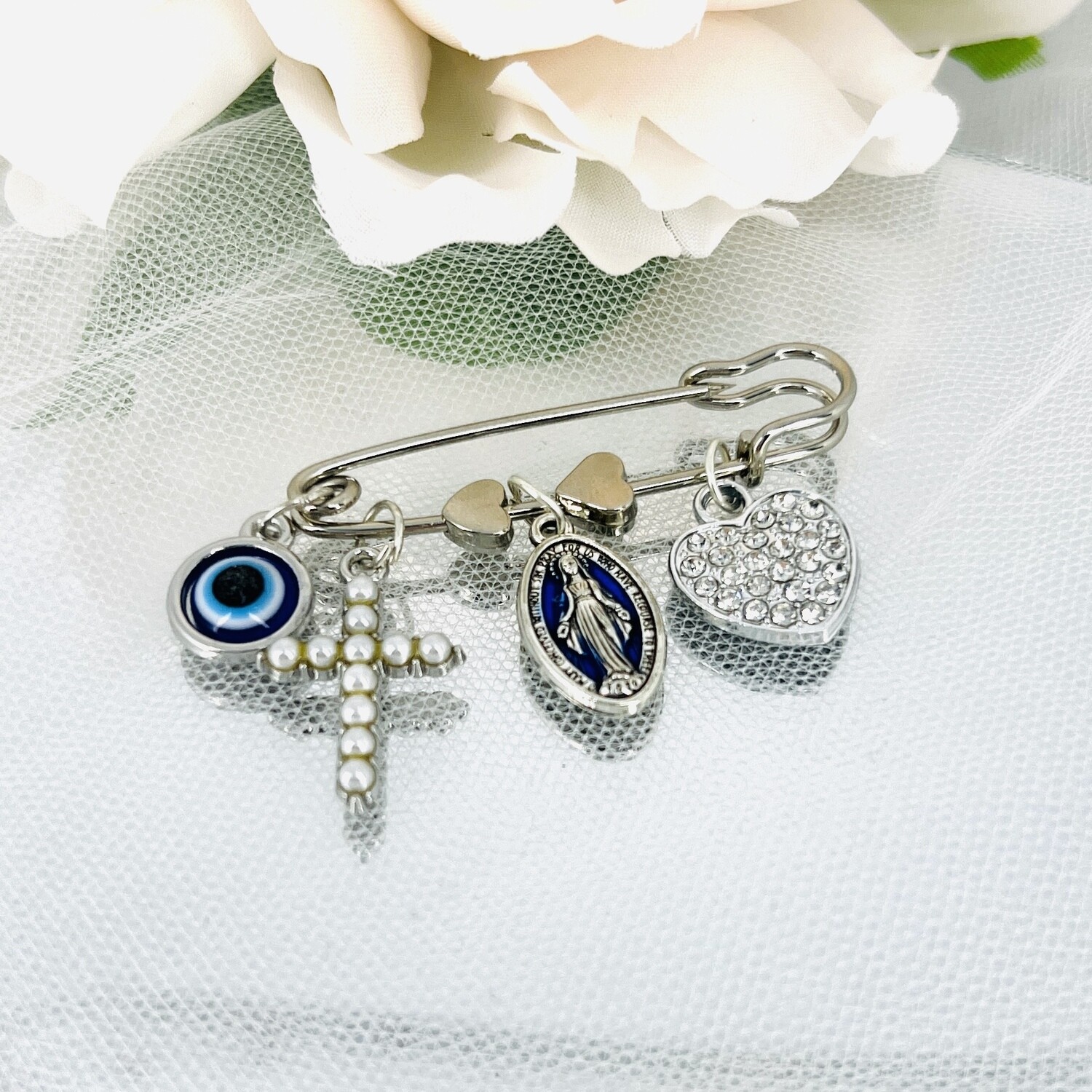 HELENA -  Silver &amp; Blue Religious Baby Keepsake Pin