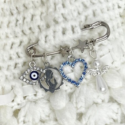 SUSAN -  Silver &amp; Blue Evil Eye Religious Baby Keepsake Pin