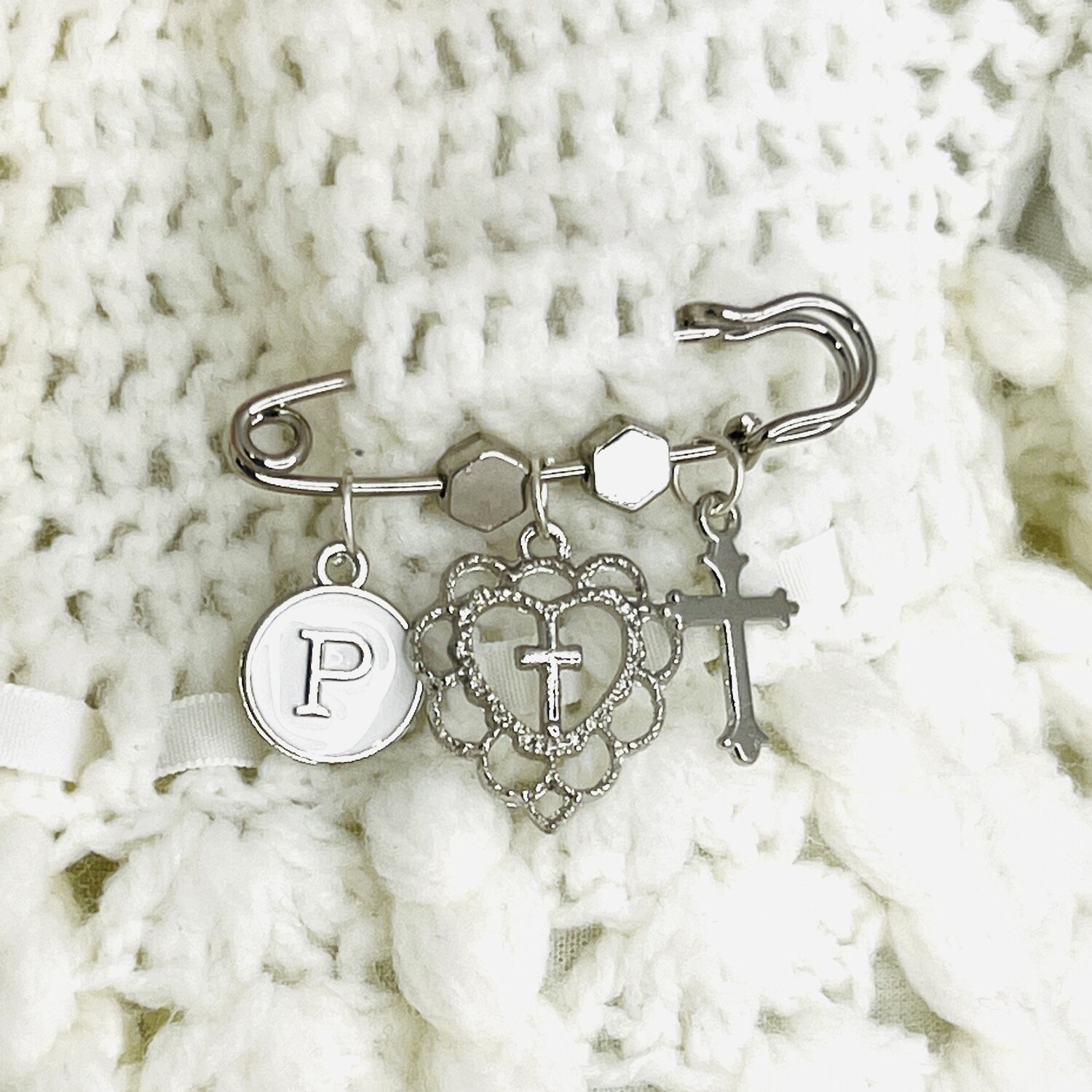 OLLIE - Silver &amp; White Religious Keepsake Pin
