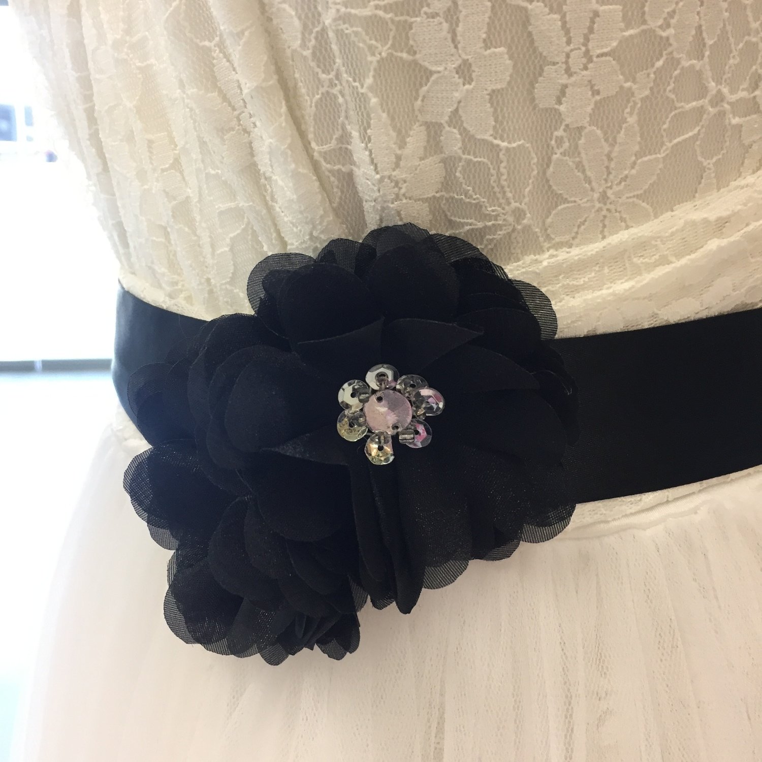 GEMMA - Flower & Crystal Bead Bridal Sash - Black