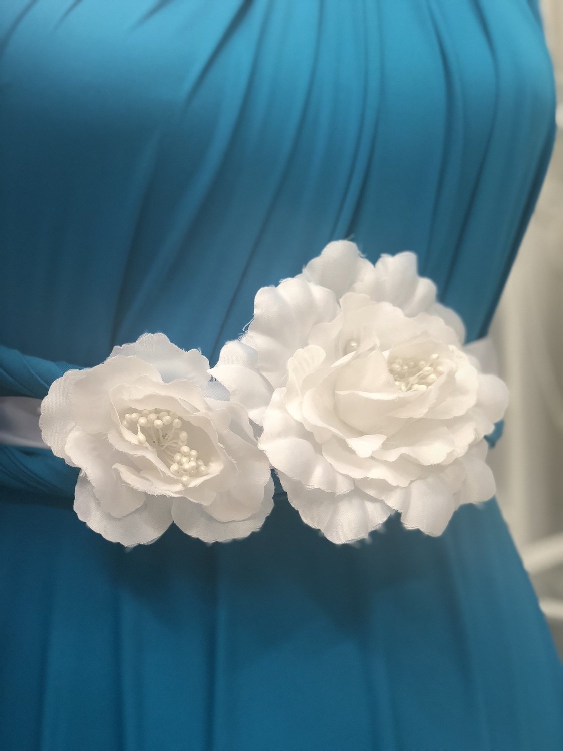 KARLA - White 2 Flower Wedding Bridal Sash