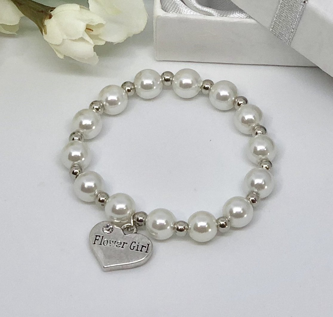 REBECCA - Silver &amp; Pearl Flower Girl Bracelet