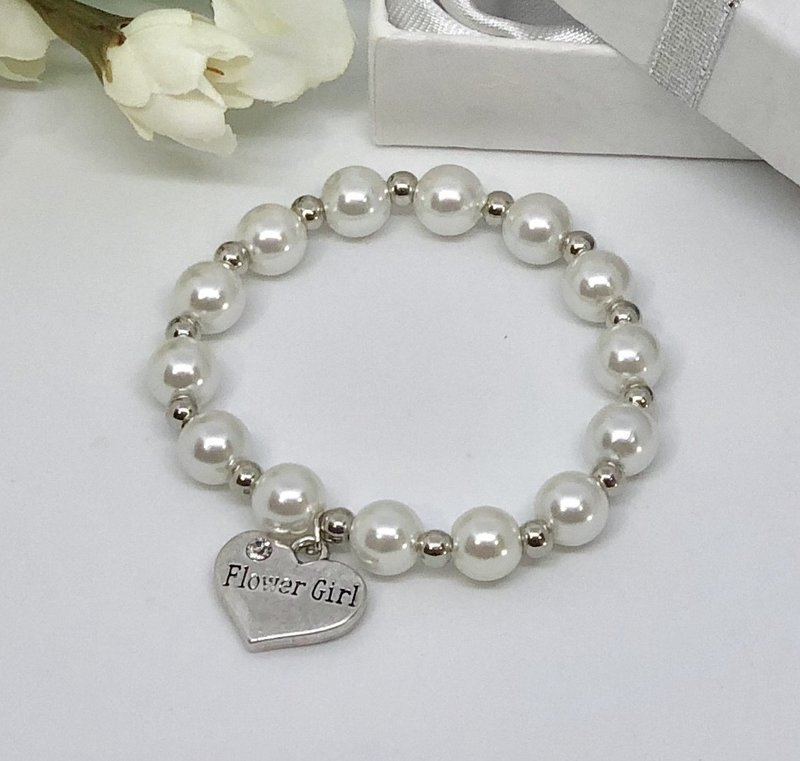 REBECCA - Silver &amp; Pearl Flower Girl Bracelet