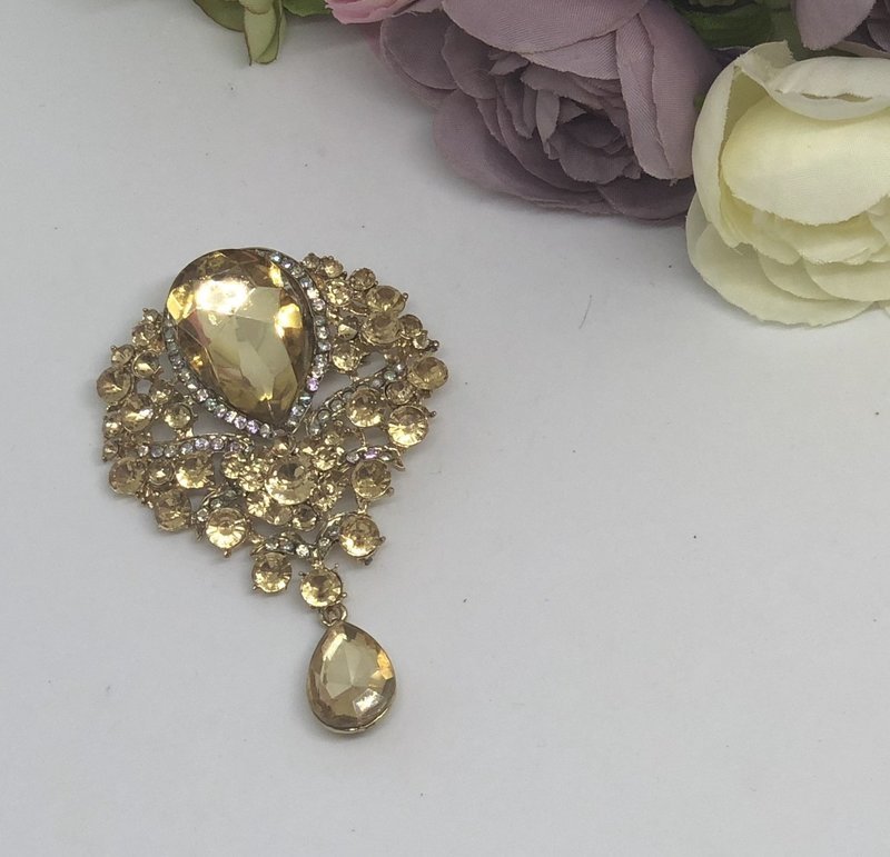 SHEILA - Gold and Amber Crystal Drop Brooch