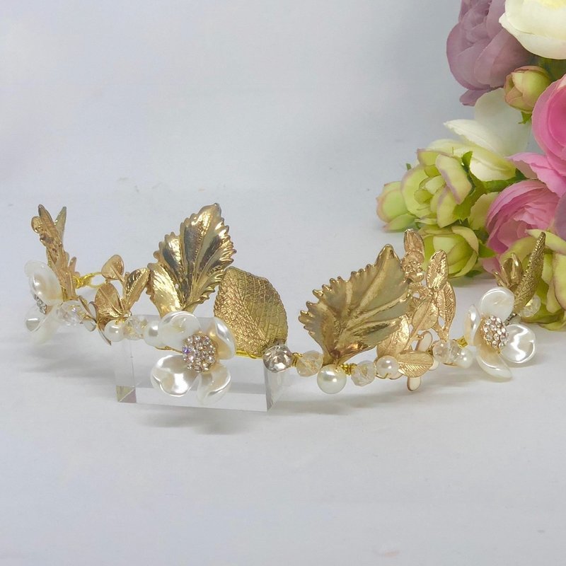 CARISSA - Gold Leaf &amp; Pearl Wedding Bridal Tiara Head Wear