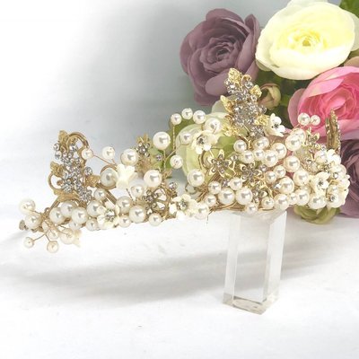 KAREN - Gold &amp; Pearl Bridal Wedding Tiara Crown