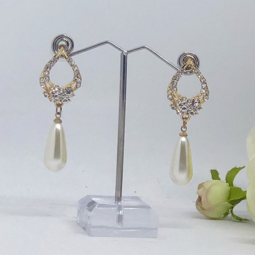 GIGI - Gold Pearl Drop Bridal Wedding Earrings