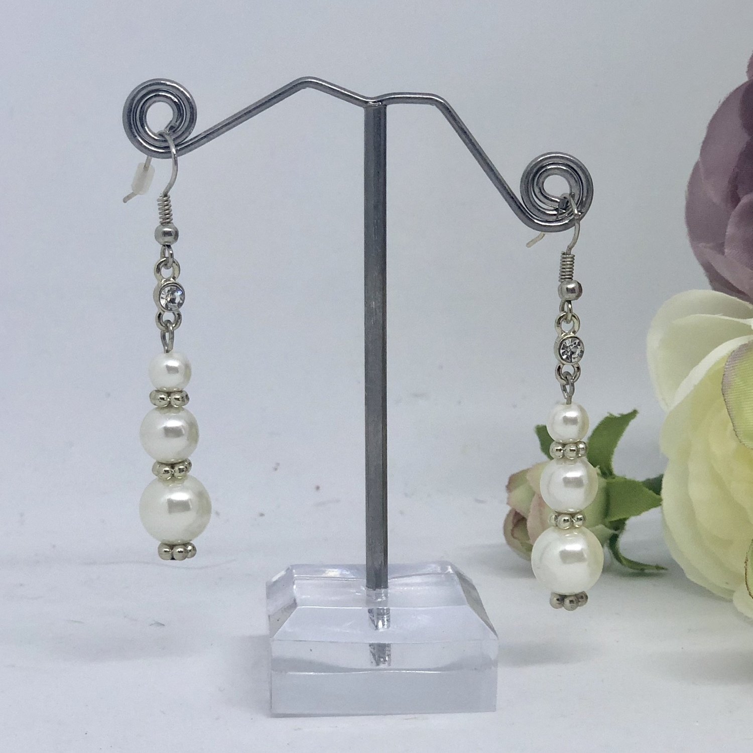 TAHLIA - Silver pierced Pearl &amp; Crystal Wedding Bridal Earrings