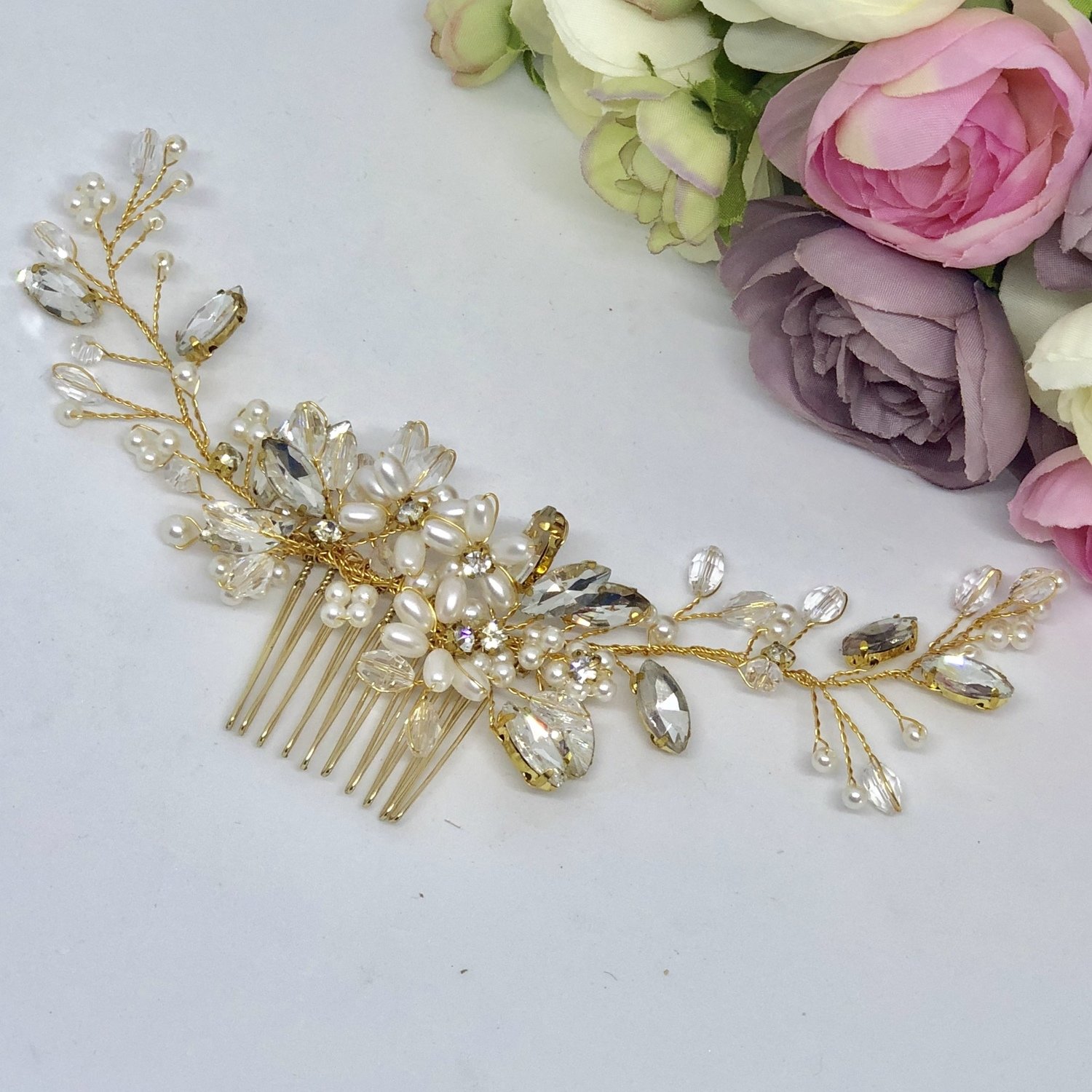 LORNA - Gold, Crystal &amp; Pearl Wedding Bridal Hair Comb