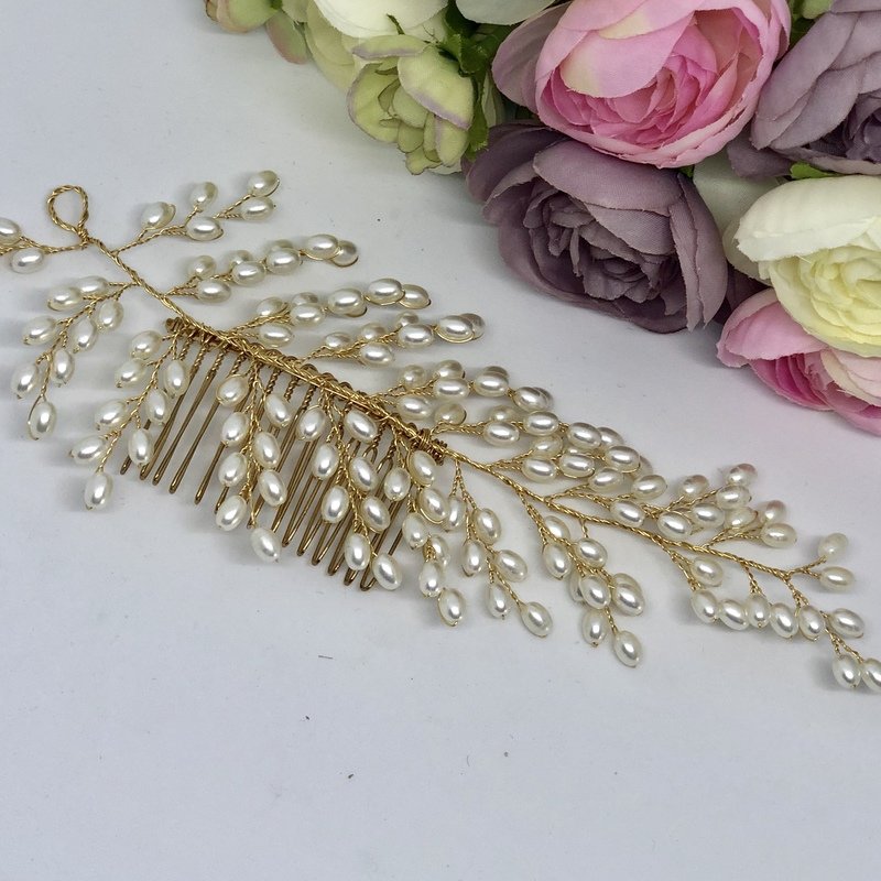 PETUNIA - Gold &amp; Pearl Leaf Wedding Bridal Hair Comb