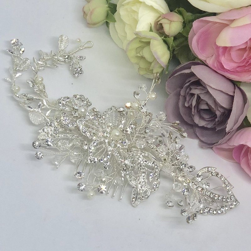 SILICA - Silver Crystal &amp; Pearl Wedding Bridal Hair Comb