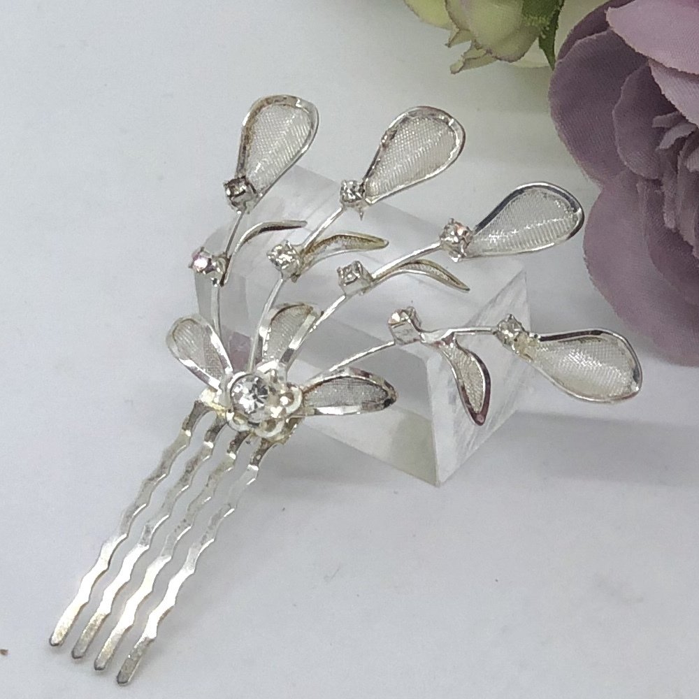 BIANCA- Silver Mesh Leaf Flower Hair Comb