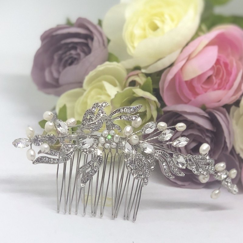 BETSY - Silver &amp; Crystal Pearl Hair Comb
