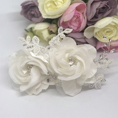BRIANNA - Ivory Fabric Flower Crystals & Pearls Hair Piece