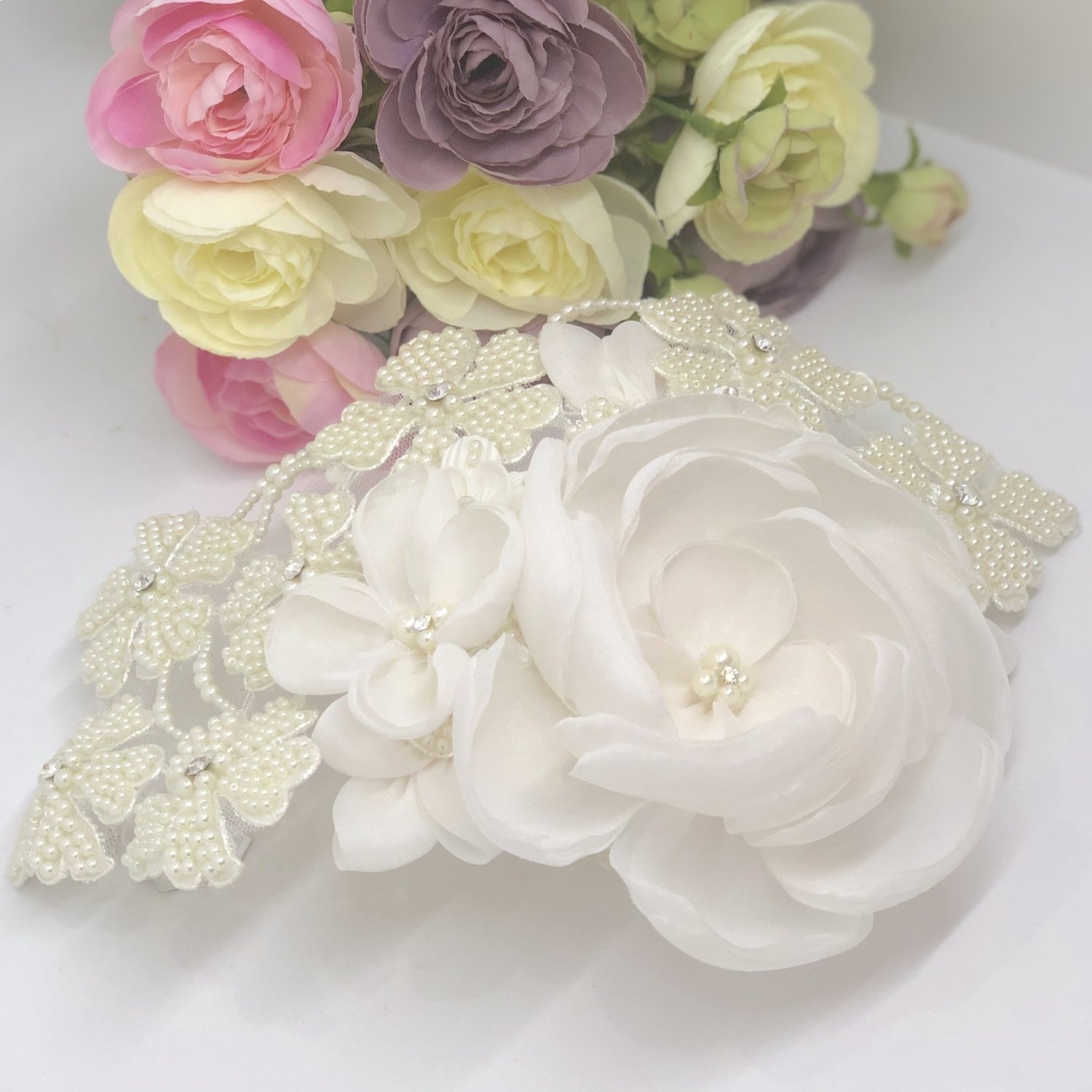 JULIANA - Ivory Fabric Flower &amp; Pearl Hair Piece