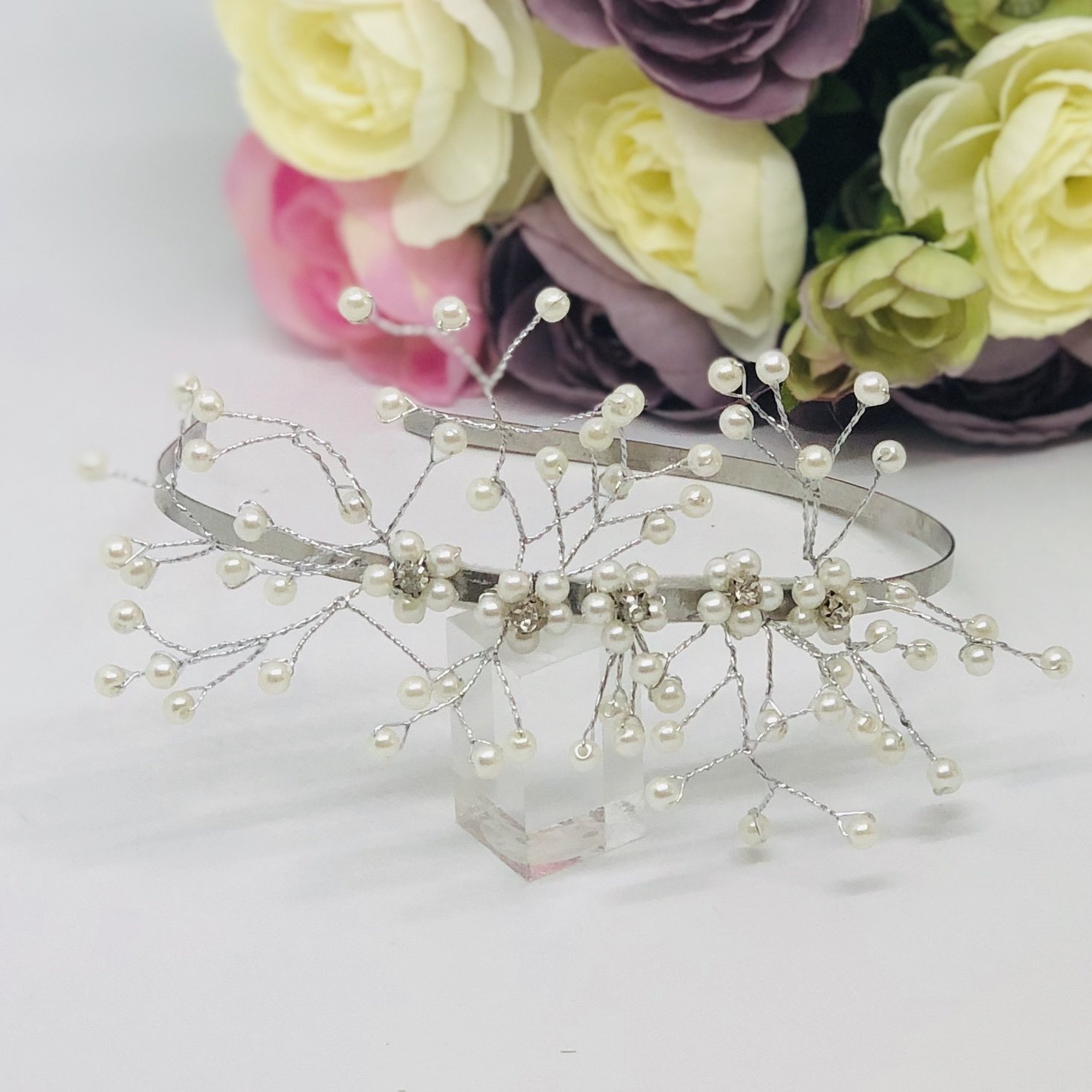 SUZANNE - Silver &amp; Pearl Wedding Bridal Headband