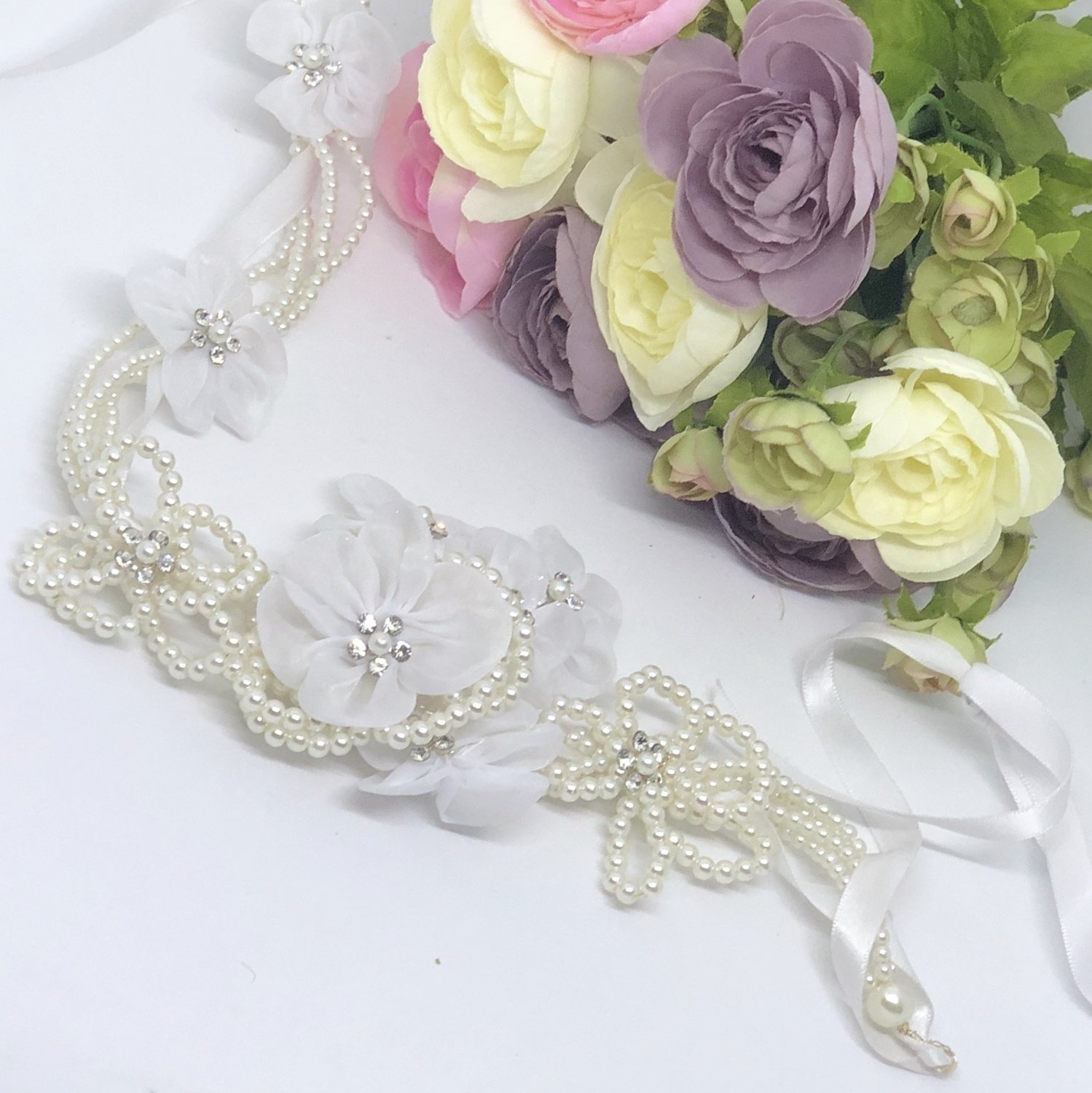 CLAIRE - Pearl &amp; Chiffon Flower Head Piece