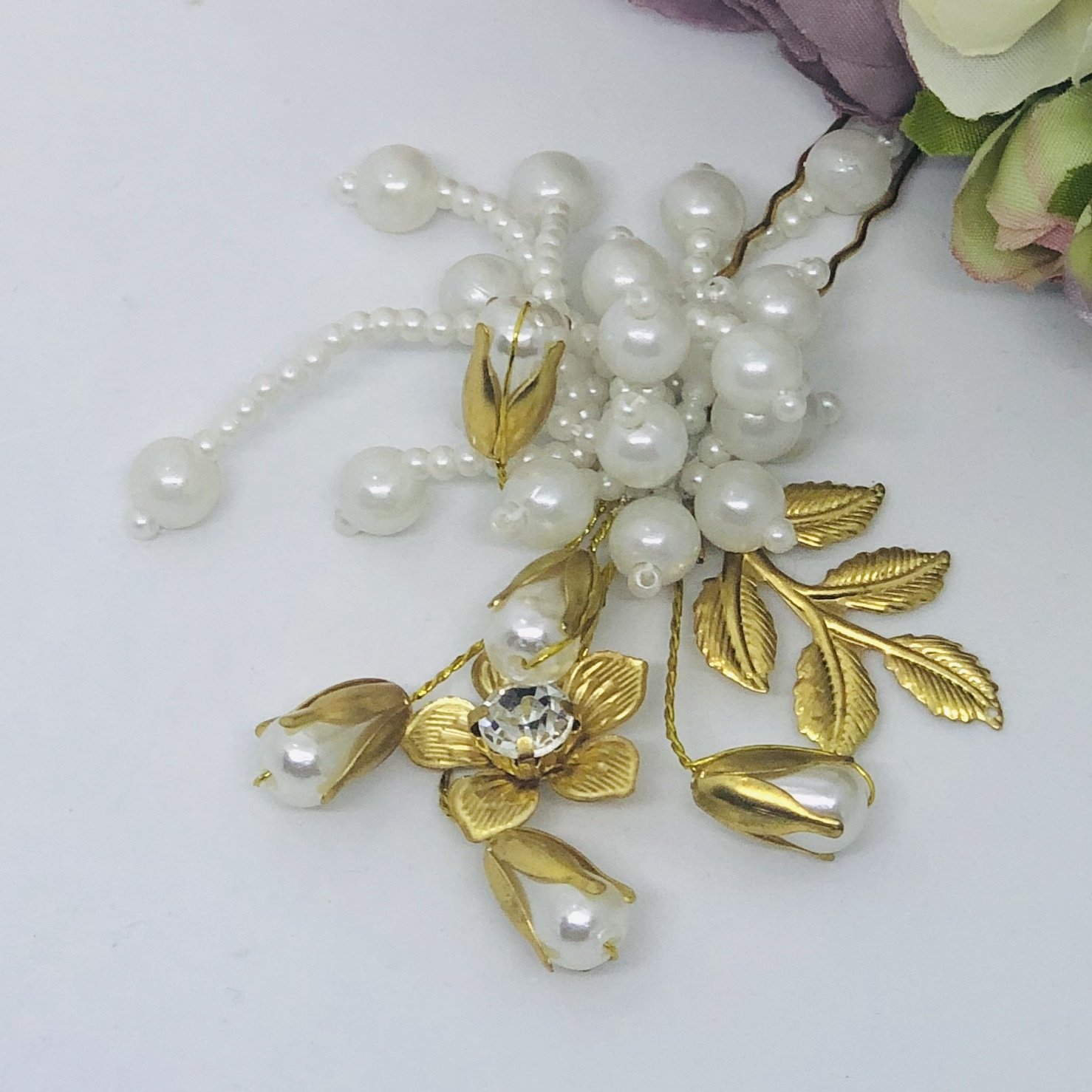 DIXIE- SET of 3 Gold Flower Hair Pins with Pearls