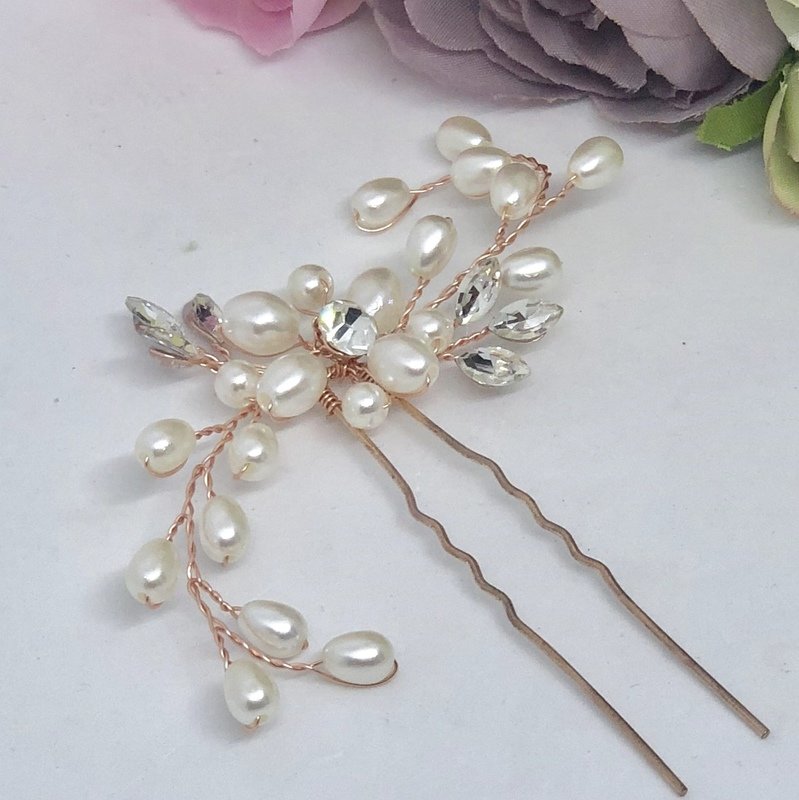 BRONY - Rose Gold &amp; Pearl Bling Bridal Hair Pins