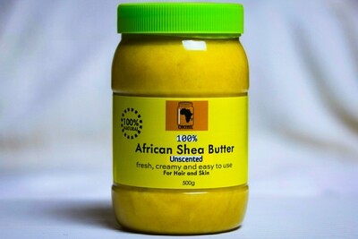 A jar of Okibe Unrefined 100% African shea butter placed on a table with white background.