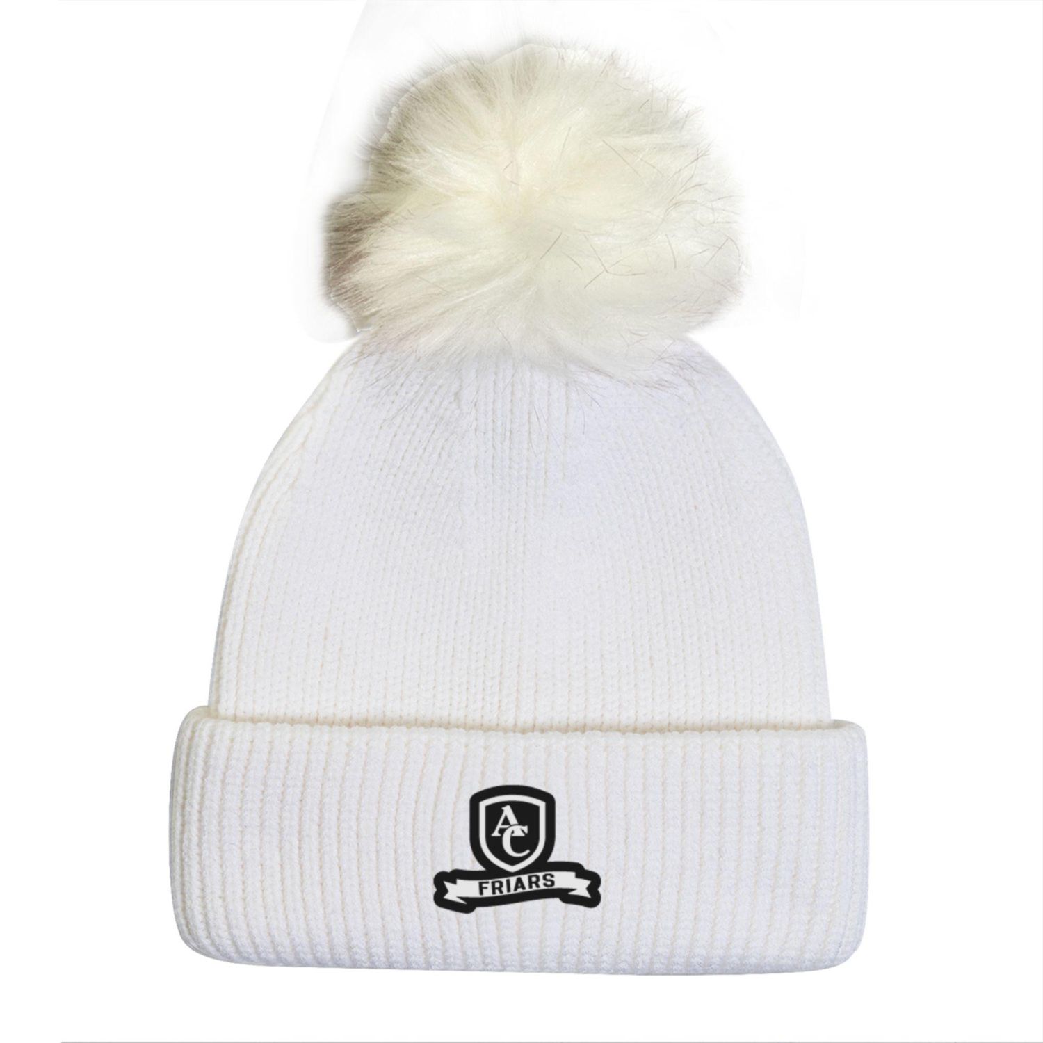 UA Ladies Ribbed Beanie w/ Fur Pom & Shield Patch - White