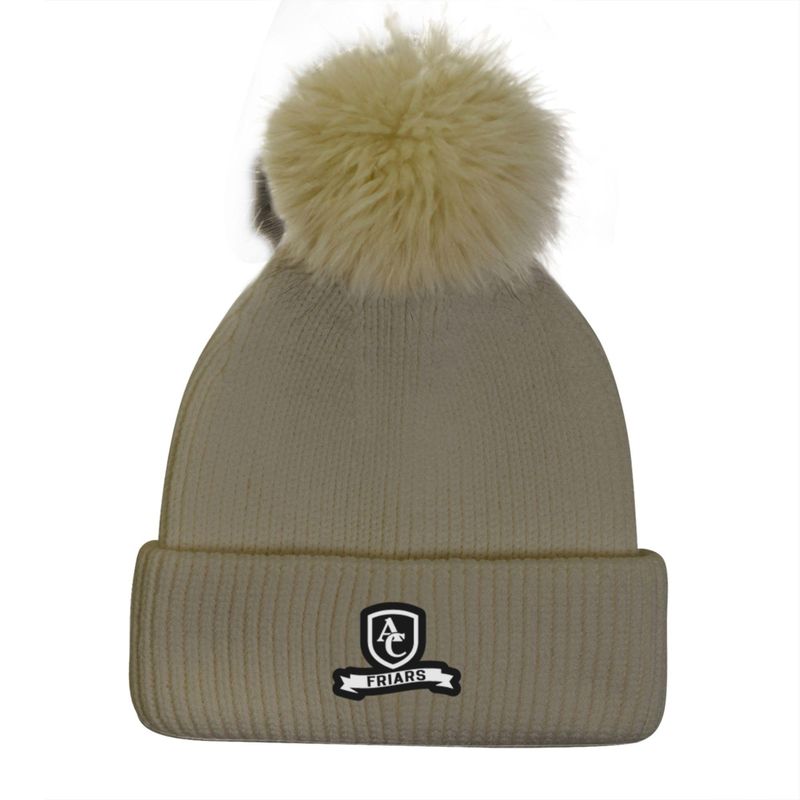 UA Ladies Ribbed Beanie w/ Fur Pom & Shield Patch - Taupe