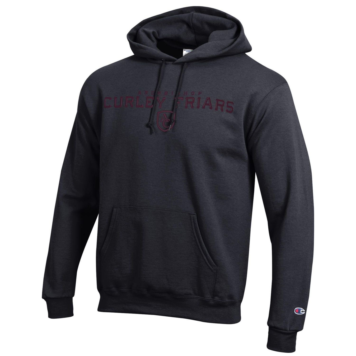 Champion Black Hoodie w/ Maroon Curley Friars Embroidery - L