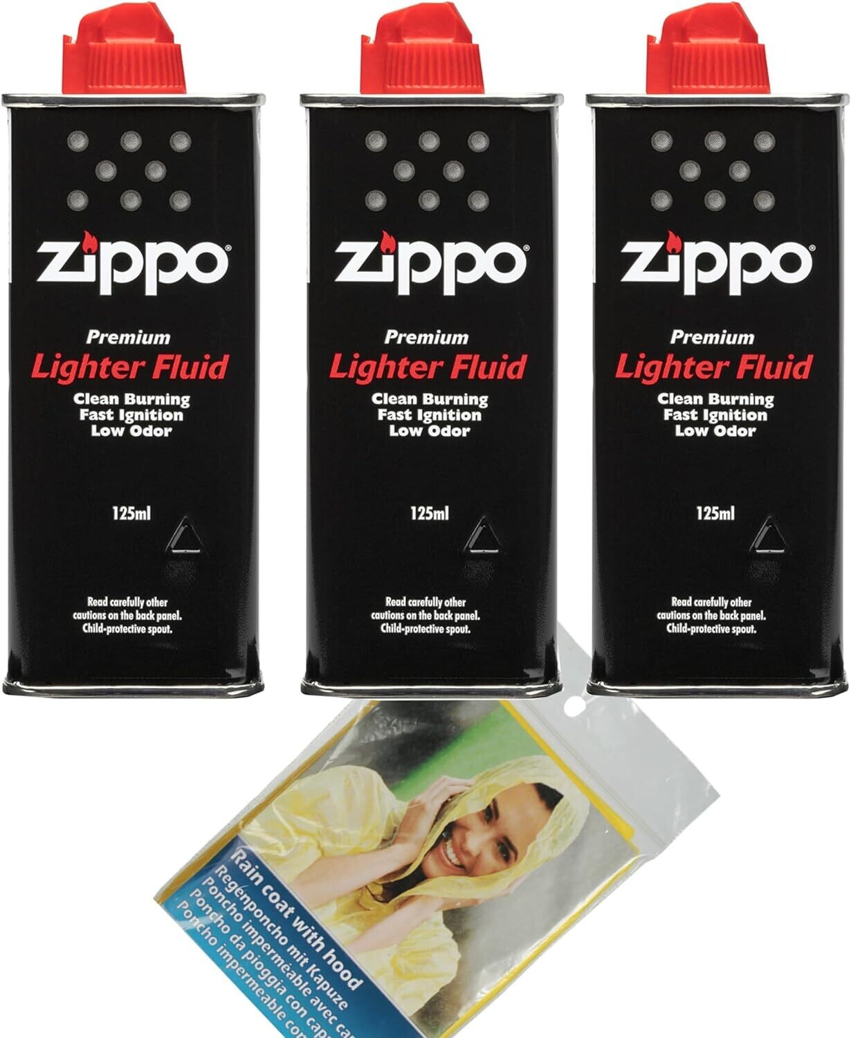 Zippo Benzin Set | 3 Flaschen je 125ml Zippo Benzin + Clearfee Regenponcho | Original Benzin-Feuerzeug | Feuerzeuge Nachfüll-Benzin