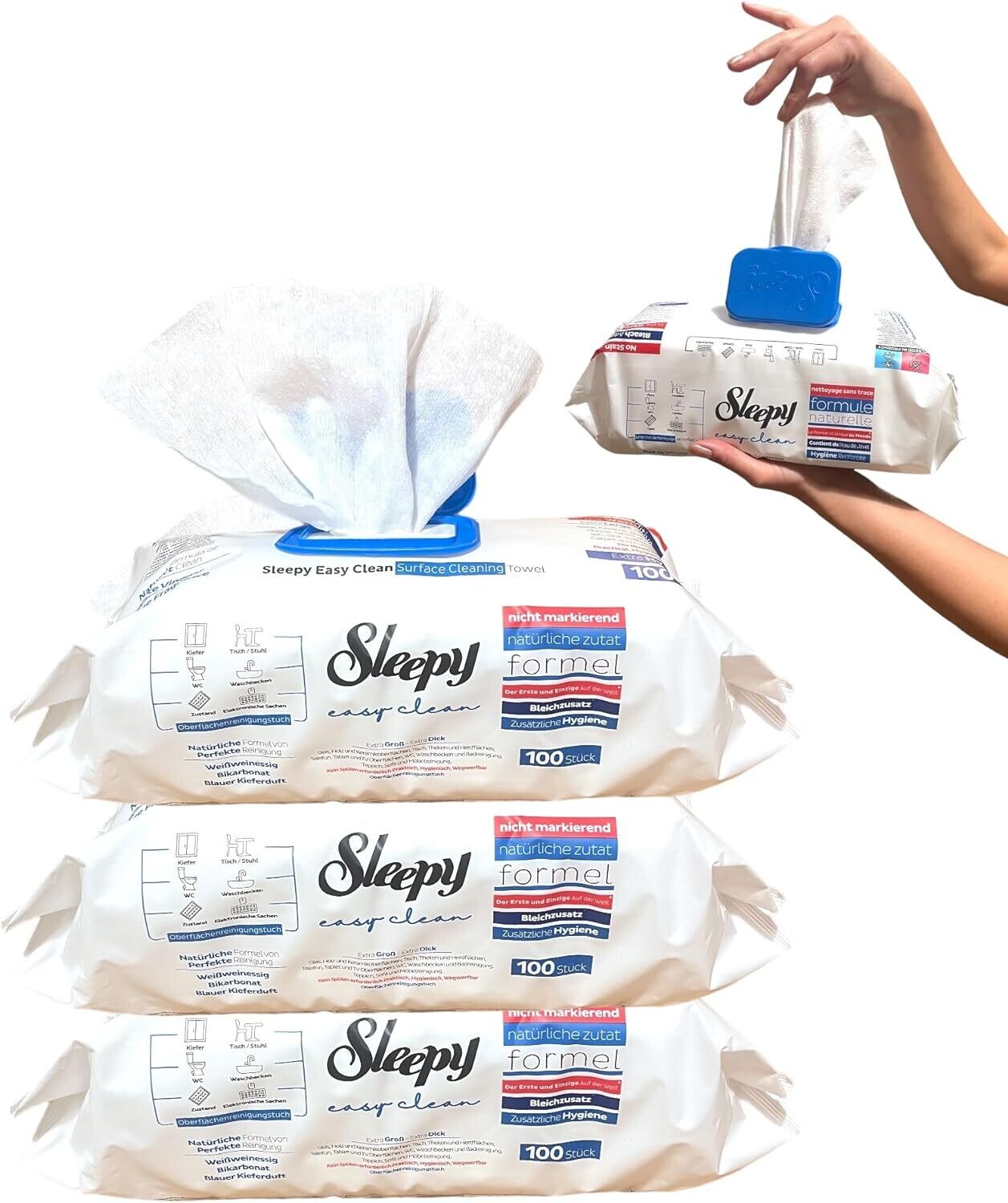3x Sleepy Easy Clean Reinigungstücher Set Blau | Streifenfrei | 100er Pack (Bleichzusatz-Blauer Kiefer)