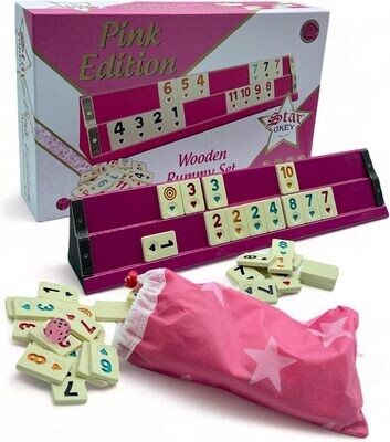 Premium Okey Set | Rummikub Spiel | handgefertigtes Pink Rummy Set aus Holz, Okey takimi pembe, rosa | Brettspiel, lackiert