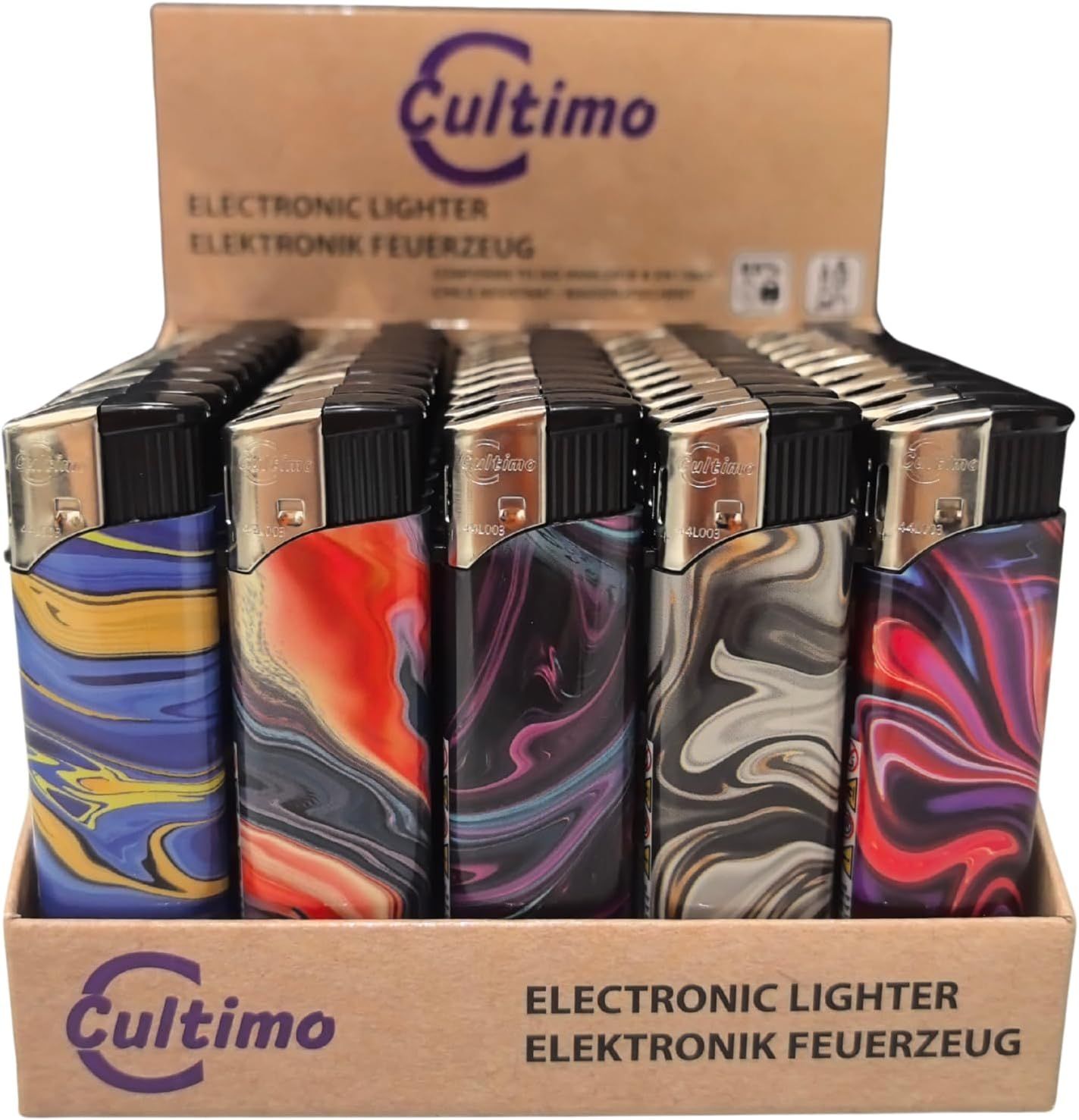 50 Stück Elektronik Feuerzeuge mit Motive, Nachfüllbar &amp; Kindergesichert | Feuerzeug Lighter elektronische, Gas befüllt (Kunst)