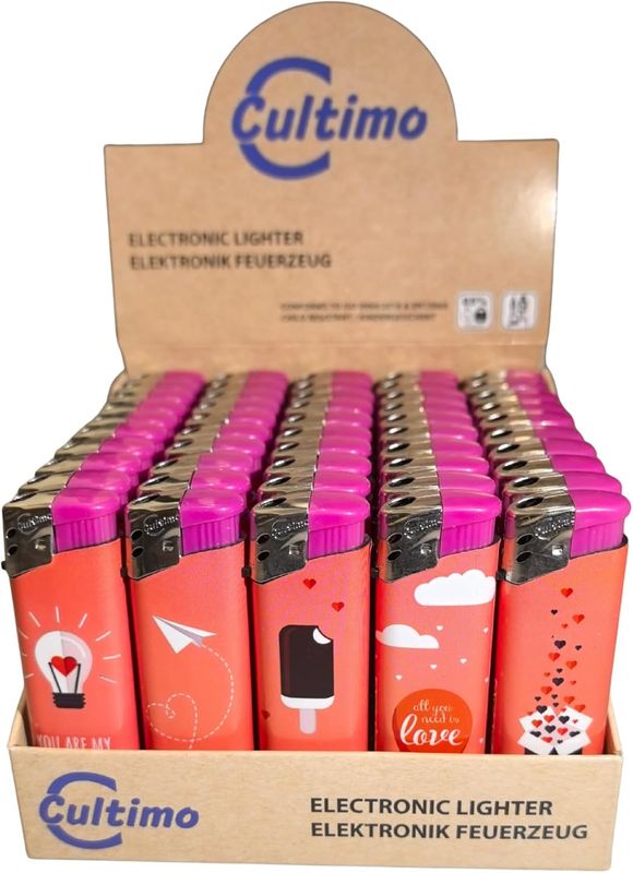 50 Stück Elektronik Feuerzeuge mit Motive, Nachfüllbar &amp; Kindergesichert | Feuerzeug Lighter elektronische, Gas befüllt (Orange)